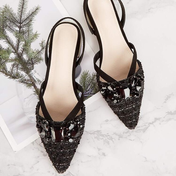 SHEIN Shoes - Shein Tweed Jewelled Decorated Slingback Flat